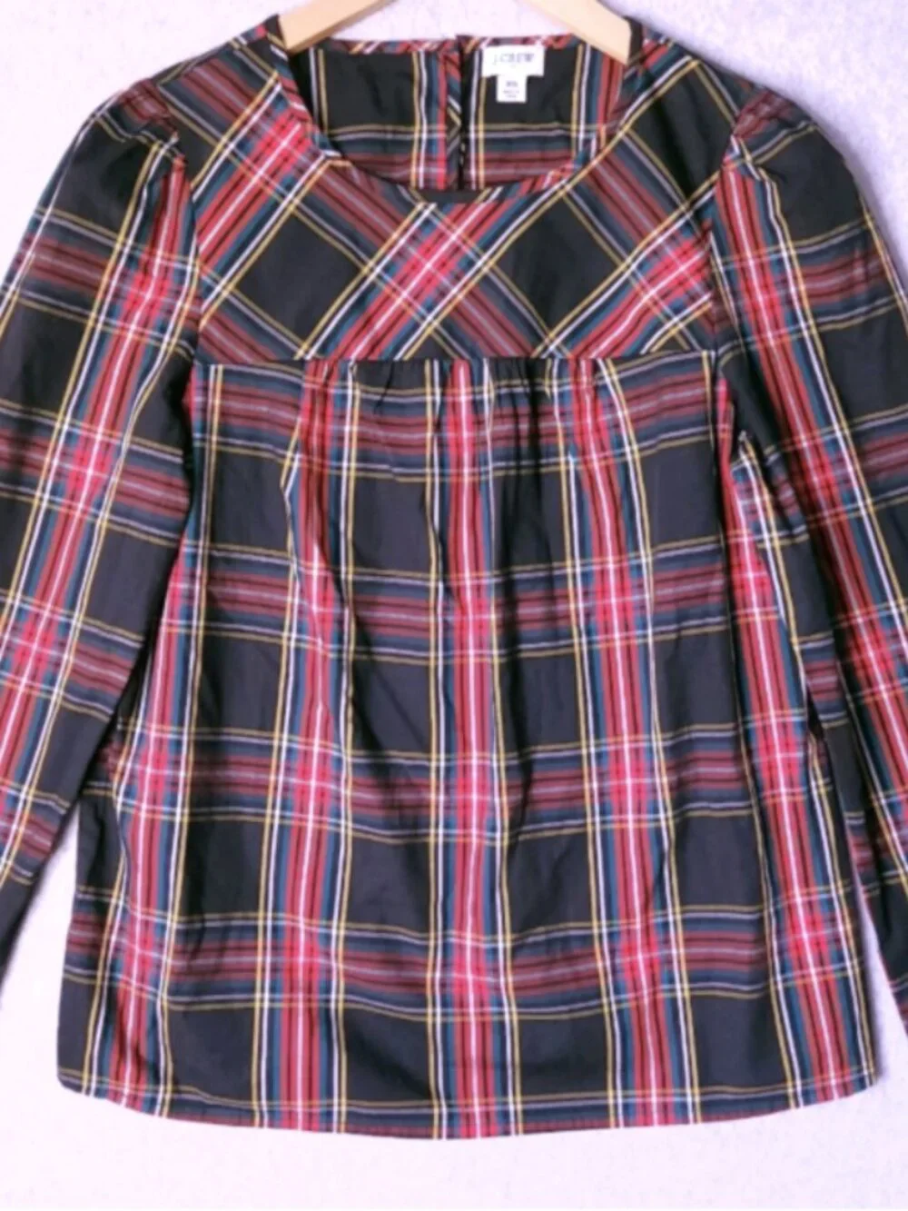 J Crew Stewart‎ Tartan Plaid Puff-Sleeve Top Women's Size XS Black Red AG864